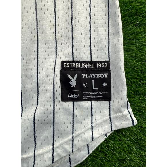 Playboy x Lids Pinstripe Baseball Jersey Sz L Gray Black Bunny Logo 00 Mens - Picture 3 of 10